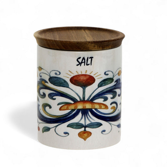 RICCO ITALIA DERUTA: Small Canister with Air Tight Wood Lid 'SALT' or 'SALE' script - by Mario Bruno Designs