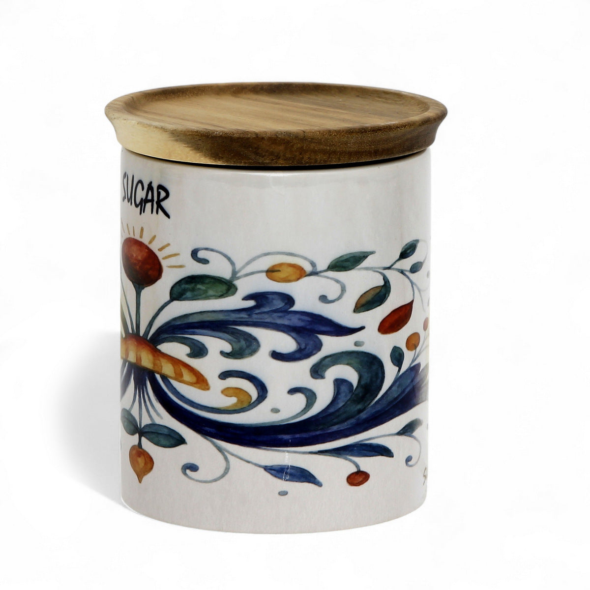 RICCO ITALIA DERUTA: Small Canister with Air Tight Wood Lid 'SUGAR' or 'ZUCCHERO' script - by Mario Bruno Designs