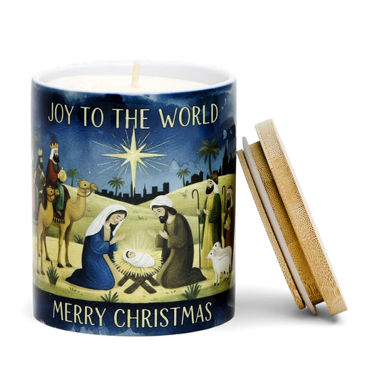 SUBLIMART: Christmas - Soy Wax Porcelain Candle – Watercolor Nativity Design with laminated "Christmas Blessing" prayer card.