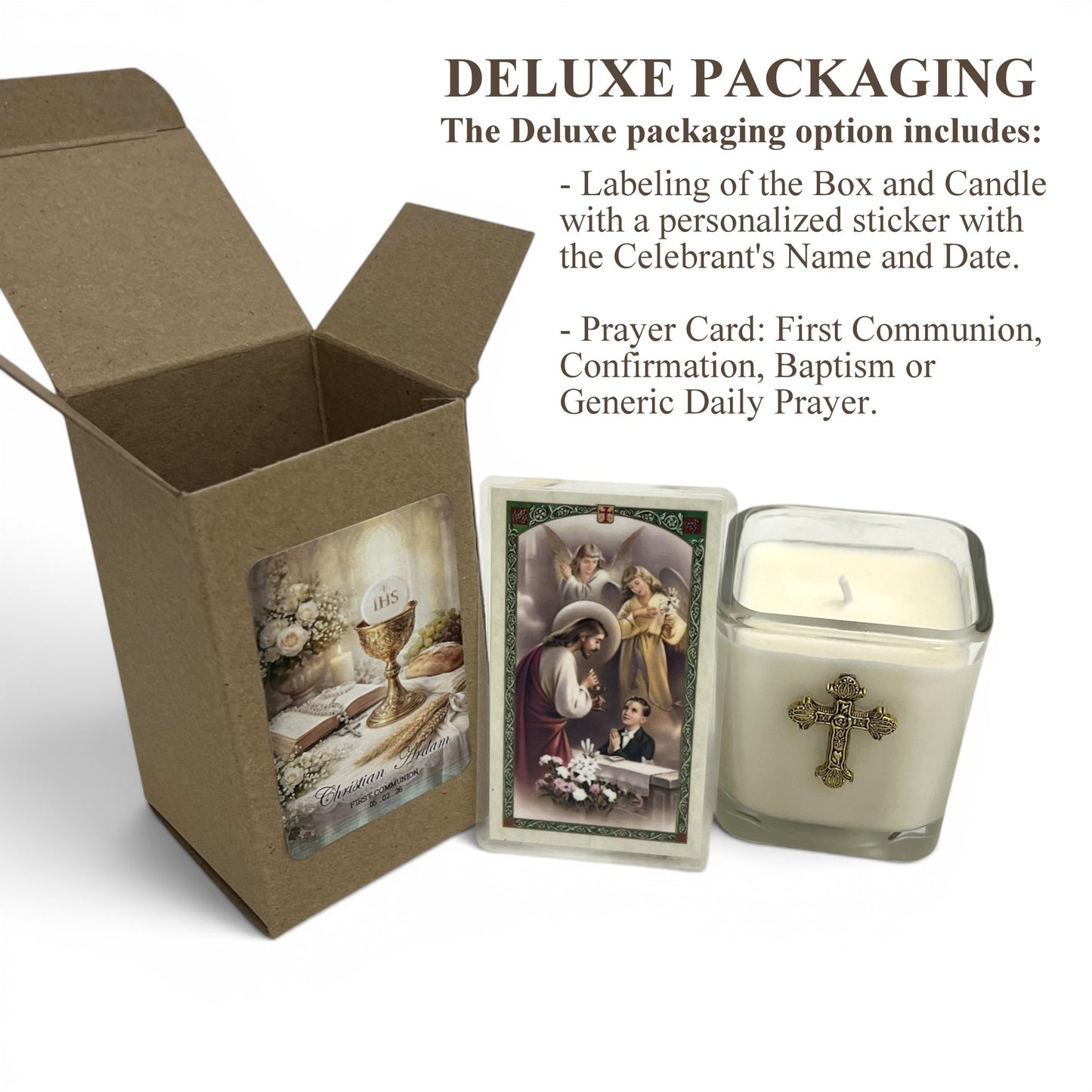 CHRISTIAN CANDLE: FIRST COMMUNION - CONFIRMATION - BAPTISM Small Square Glass with Small Bronze Cross Candle – 7.5 oz | USA