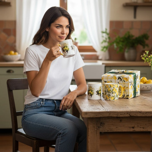 SUBLIMART: Boxed Set of 2 Italian Style Ceramic Mugs with Lemon and Grape Harvest Design