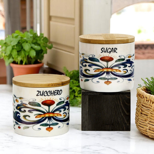 RICCO ITALIA DERUTA: Porcelain storage short jar with sealing bamboo lid Ricco Italia Deruta SUGAR or ZUCCHERO script- Mario Bruno Design