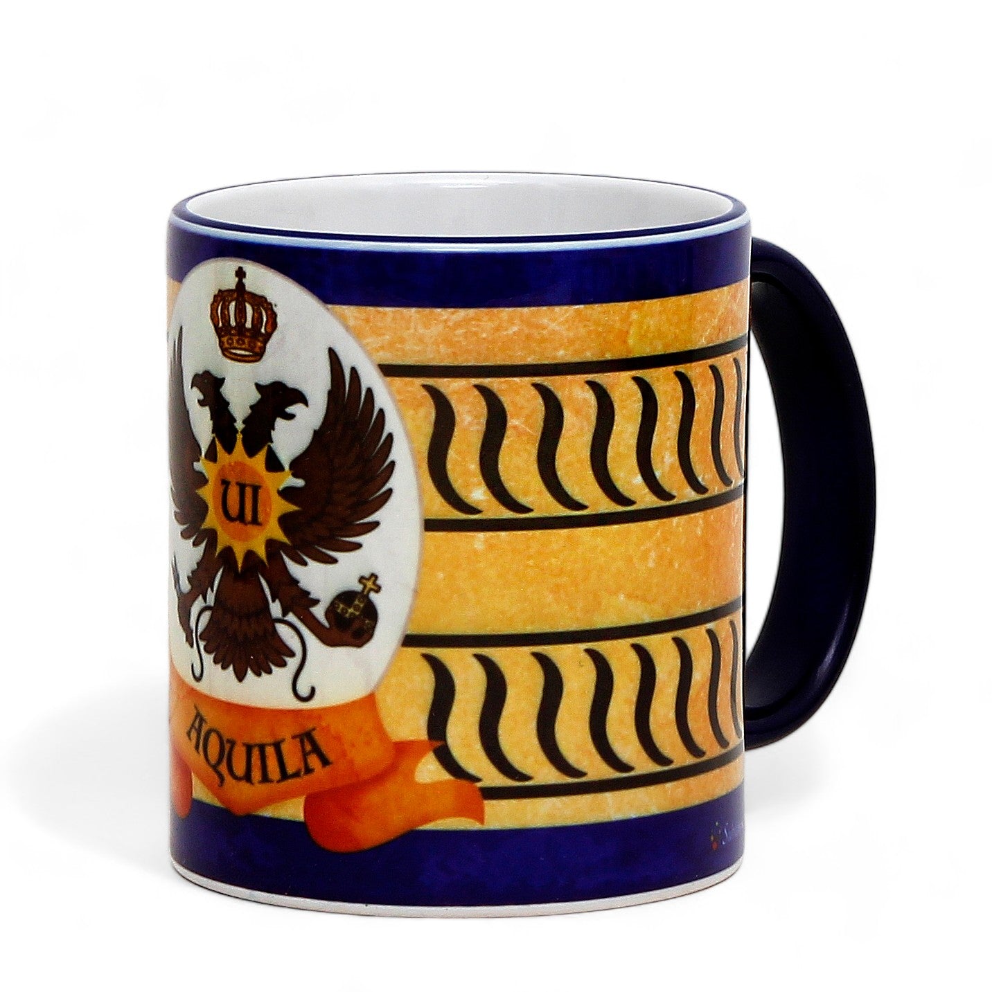 PALIO DI SIENA: Porcelain printed mug - Blue Handle & Rim - Design by Mario Bruno - AQUILA (Eagle)