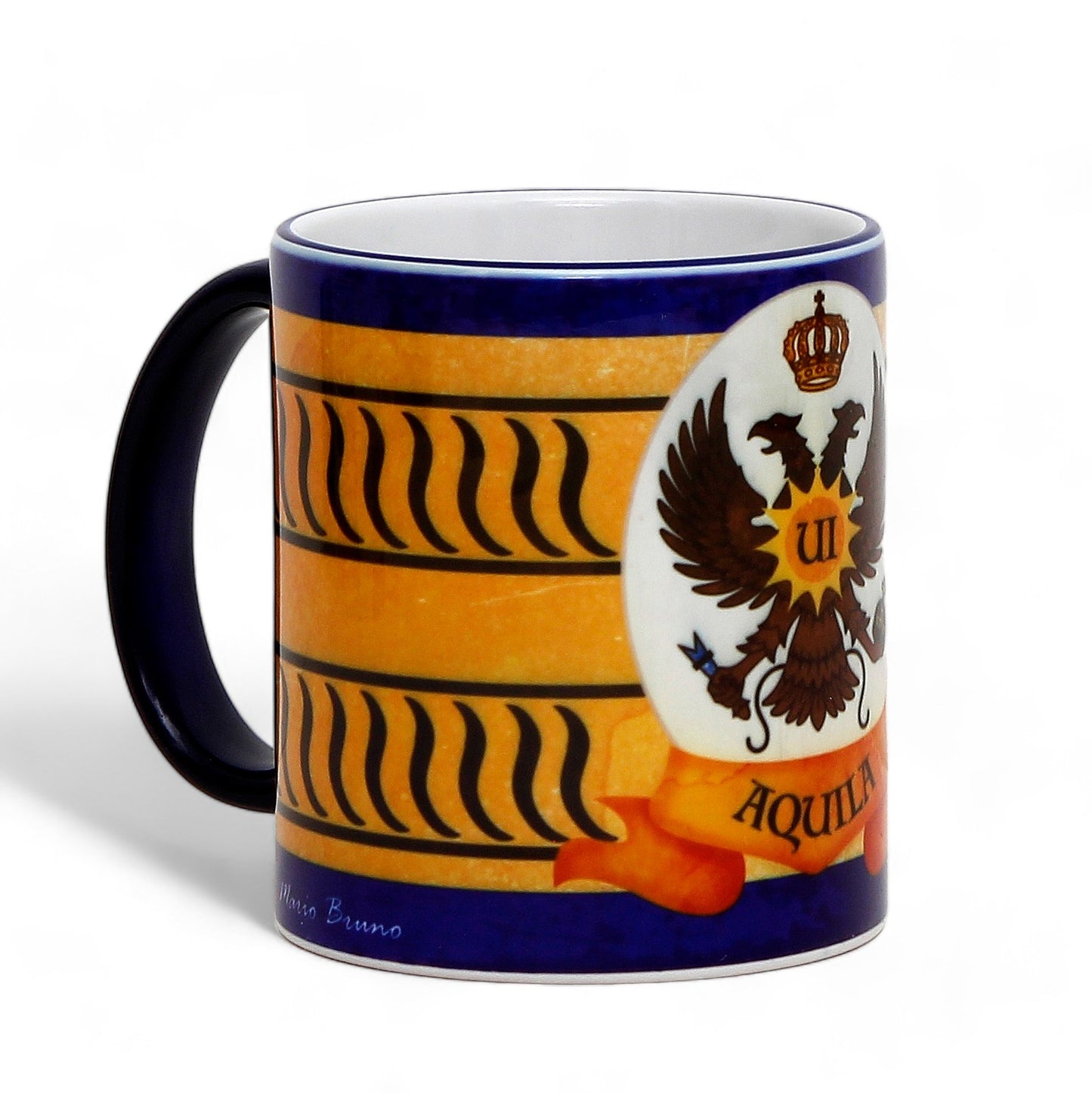 PALIO DI SIENA: Porcelain printed mug - Blue Handle & Rim - Design by Mario Bruno - AQUILA (Eagle)