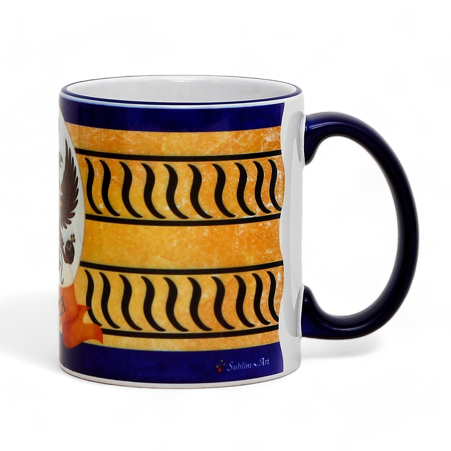 PALIO DI SIENA: Porcelain printed mug - Blue Handle & Rim - Design by Mario Bruno - AQUILA (Eagle)