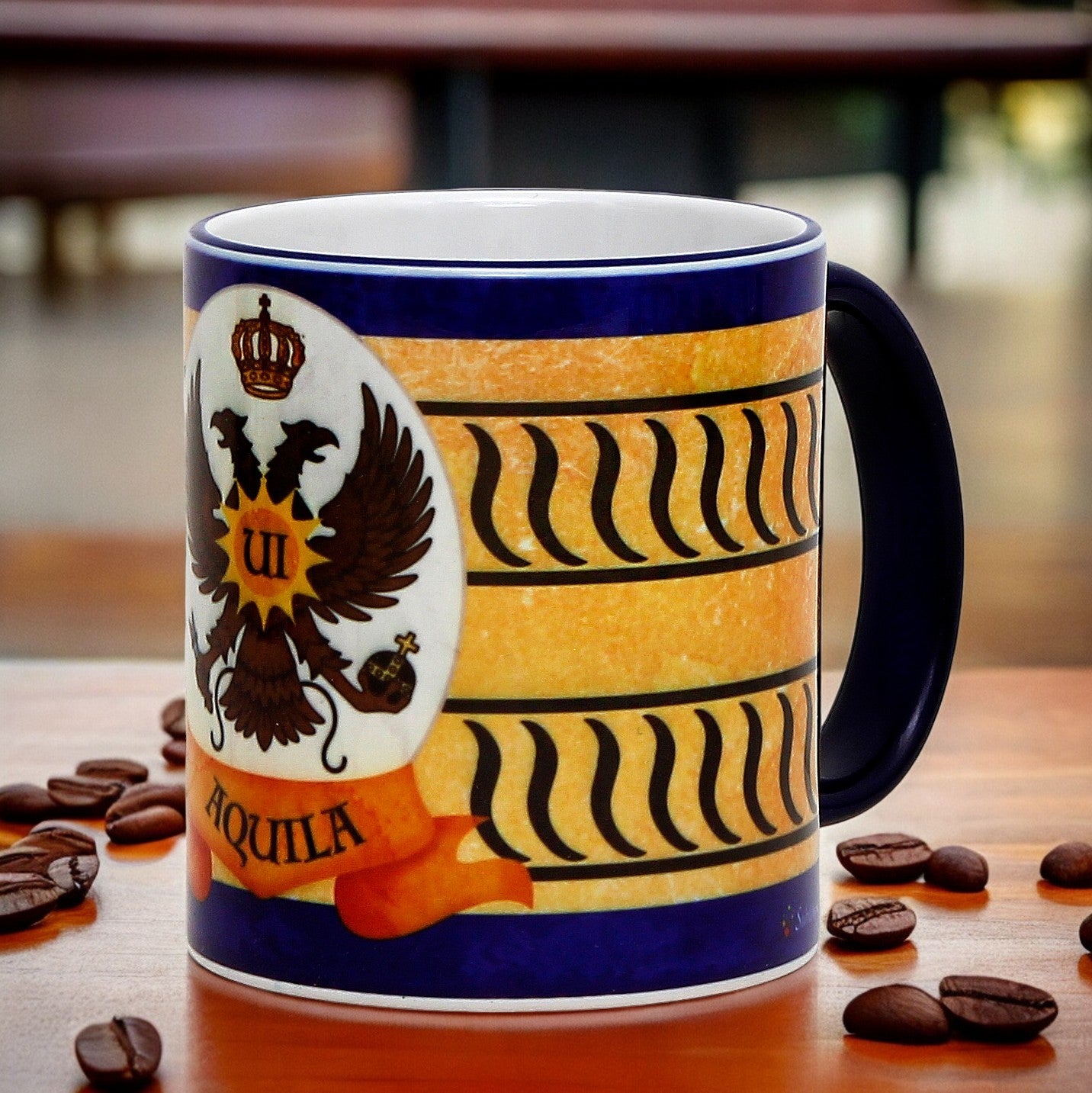 PALIO DI SIENA: Porcelain printed mug - Blue Handle & Rim - Design by Mario Bruno - AQUILA (Eagle)