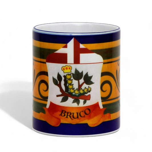 PALIO DI SIENA: Porcelain printed mug - Blue Handle & Rim - Design by Mario Bruno - BRUCO (Caterpillar)