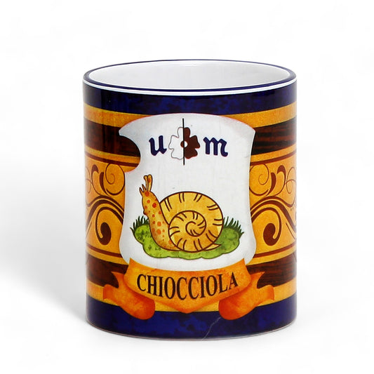 PALIO DI SIENA: Porcelain printed mug - Blue Handle & Rim - Design by Mario Bruno - CHIOCCIOLA (Snail)