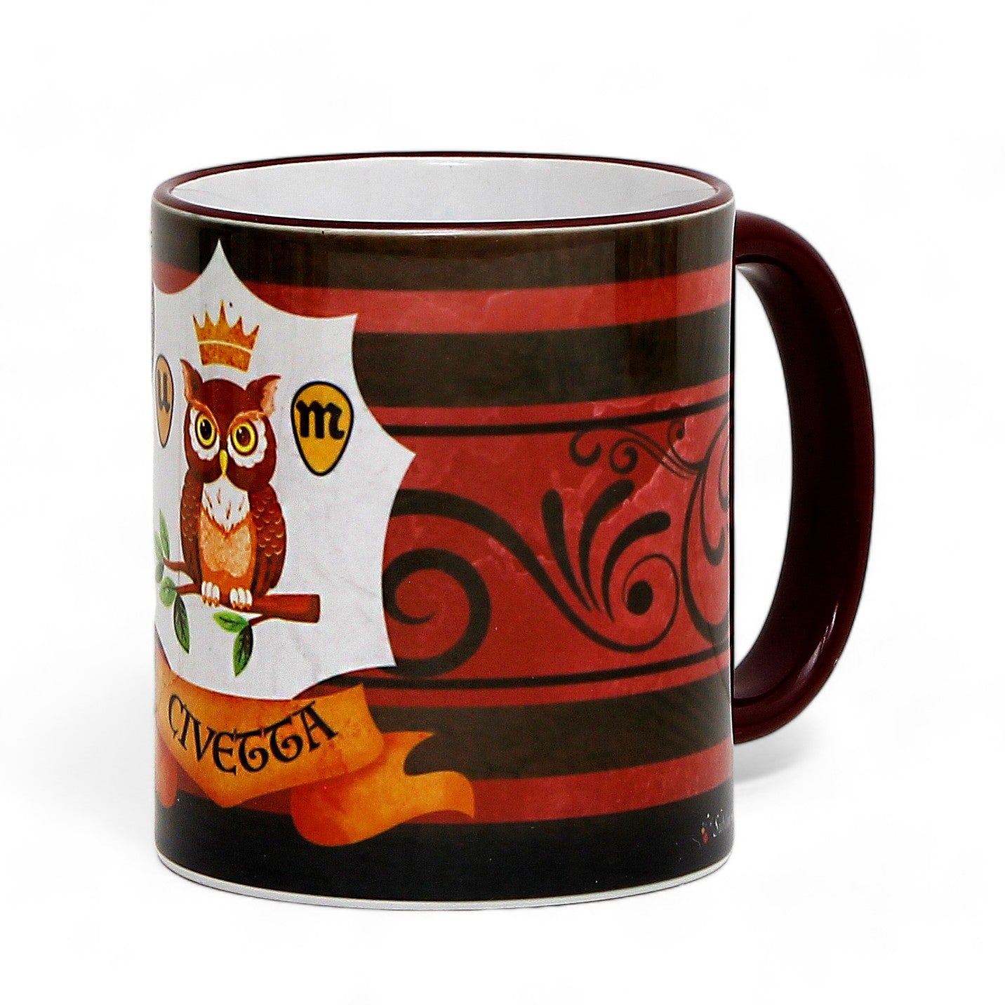 PALIO DI SIENA: Porcelain printed mug - Brown Handle & Rim - Design by Mario Bruno - CIVETTA (Owl)