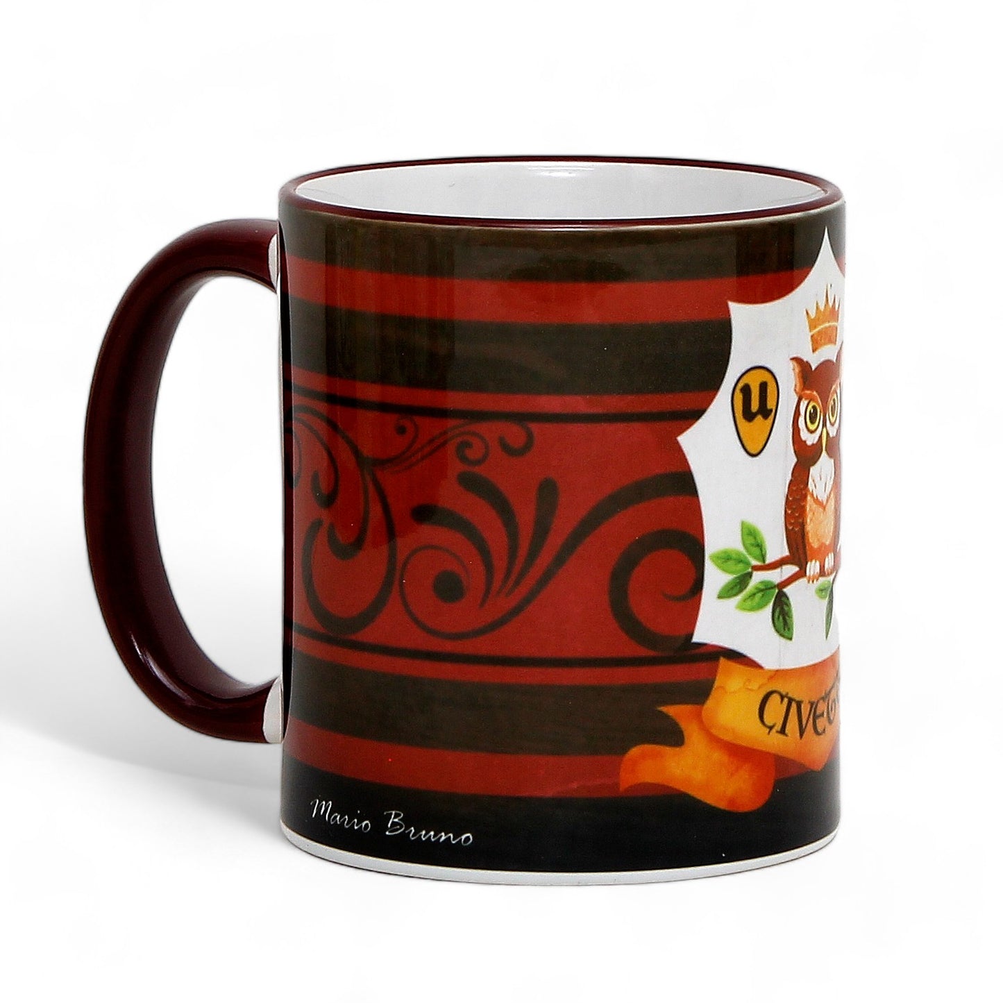 PALIO DI SIENA: Porcelain printed mug - Brown Handle & Rim - Design by Mario Bruno - CIVETTA (Owl)