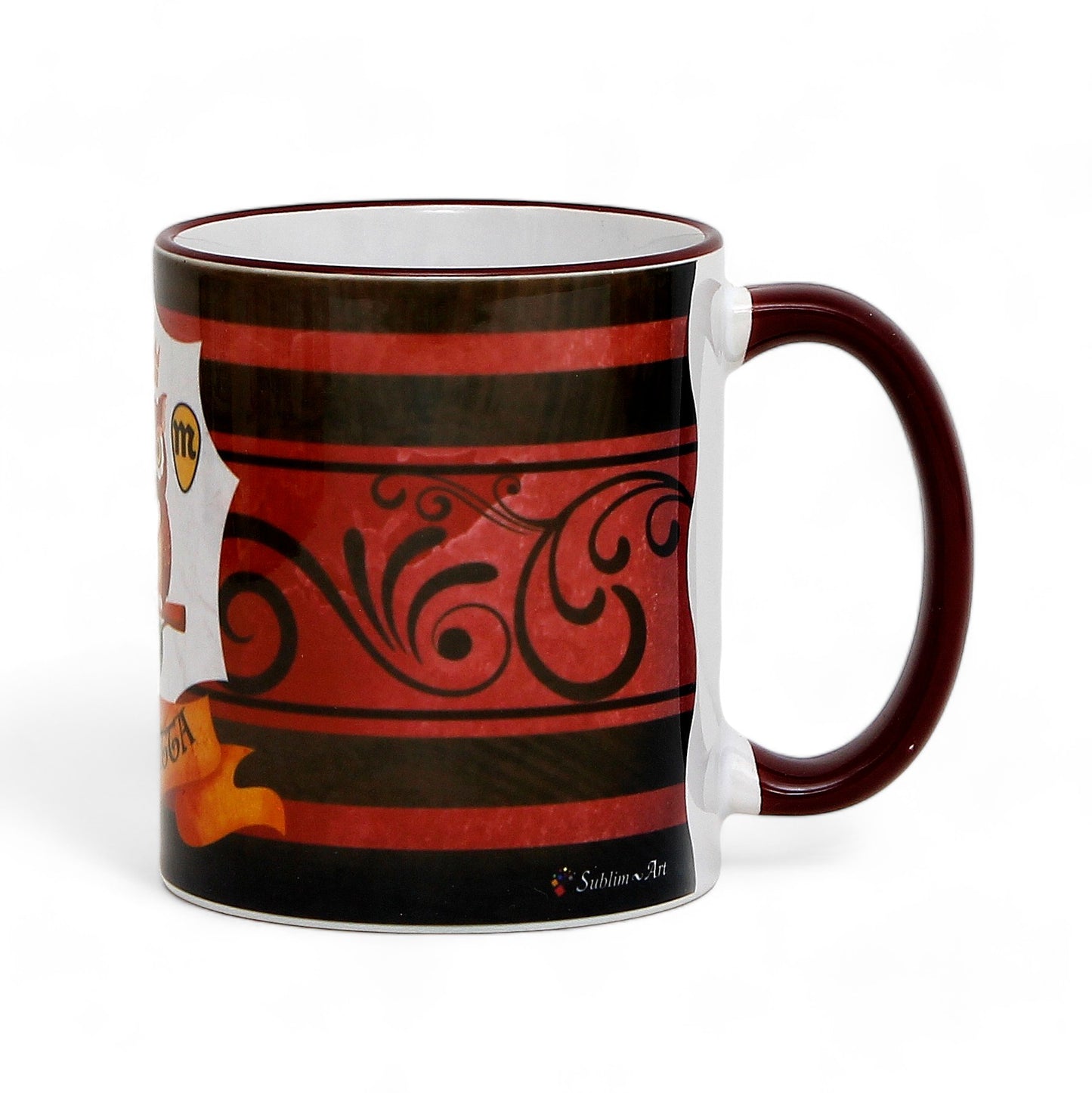PALIO DI SIENA: Porcelain printed mug - Brown Handle & Rim - Design by Mario Bruno - CIVETTA (Owl)