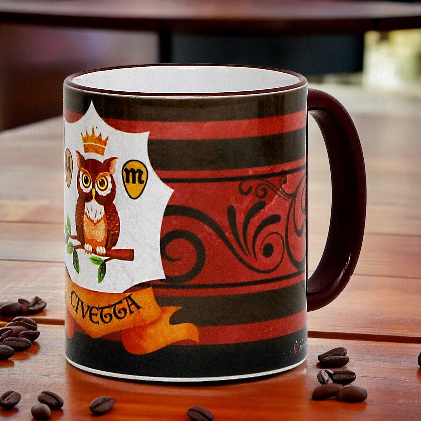 PALIO DI SIENA: Porcelain printed mug - Brown Handle & Rim - Design by Mario Bruno - CIVETTA (Owl)