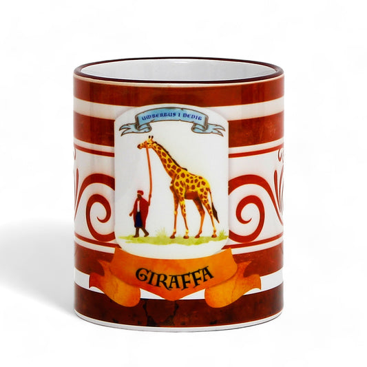 PALIO DI SIENA: Porcelain printed mug - Brown Handle & Rim - Design by Mario Bruno - GIRAFFA (Giraffe)