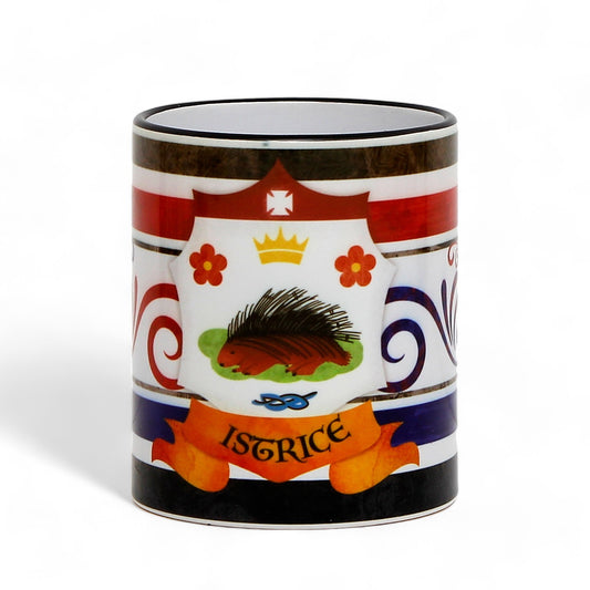 PALIO DI SIENA: Porcelain printed mug - Black Handle & Rim - Design by Mario Bruno - ISTRICE (Porcupine)