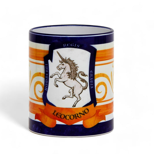 PALIO DI SIENA: Porcelain printed mug - Blue Handle & Rim - Design by Mario Bruno - LEOCORNO (Unicorn)