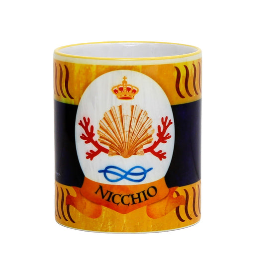 PALIO DI SIENA: Porcelain printed mug - Yellow Handle & Rim - Design by Mario Bruno - NICCHIO (Shell)