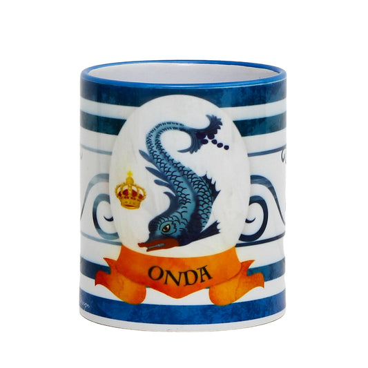 PALIO DI SIENA: Porcelain printed mug - Capri Blue Handle & Rim - Design by Mario Bruno - ONDA (Dolphin)