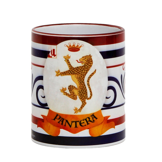 PALIO DI SIENA: Porcelain printed mug - Brown Handle & Rim - Design by Mario Bruno - PANTERA (Panther)