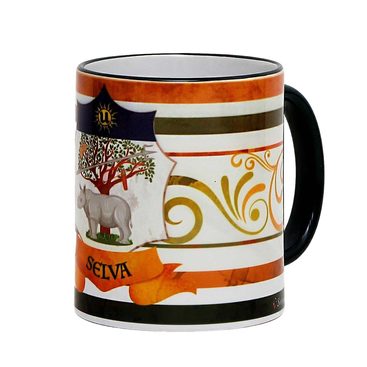 PALIO DI SIENA: Porcelain printed mug - Blue Handle & Rim - Design by Mario Bruno - SELVA (Forest-Rhino)