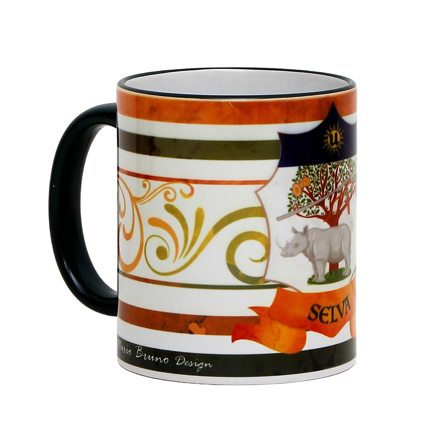 PALIO DI SIENA: Porcelain printed mug - Blue Handle & Rim - Design by Mario Bruno - SELVA (Forest-Rhino)
