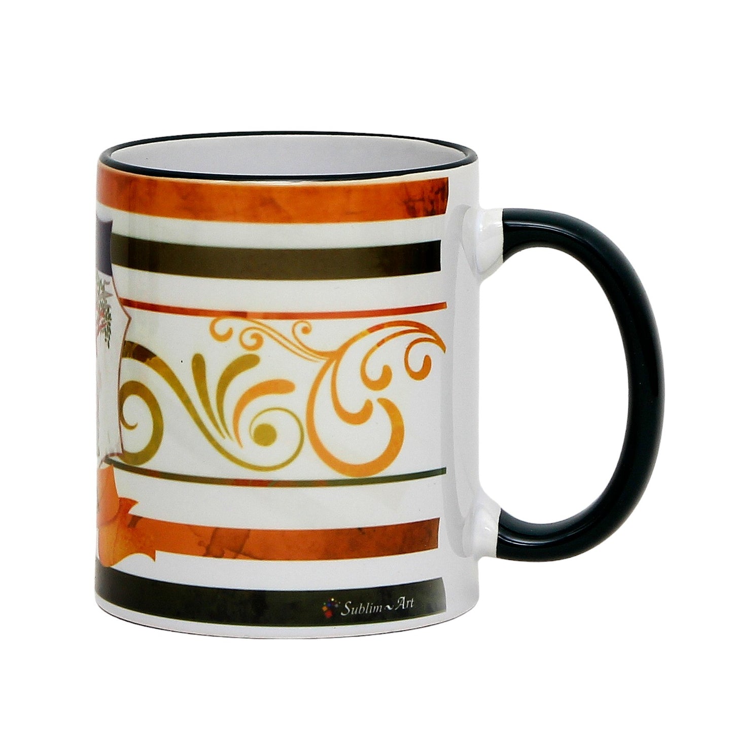 PALIO DI SIENA: Porcelain printed mug - Blue Handle & Rim - Design by Mario Bruno - SELVA (Forest-Rhino)
