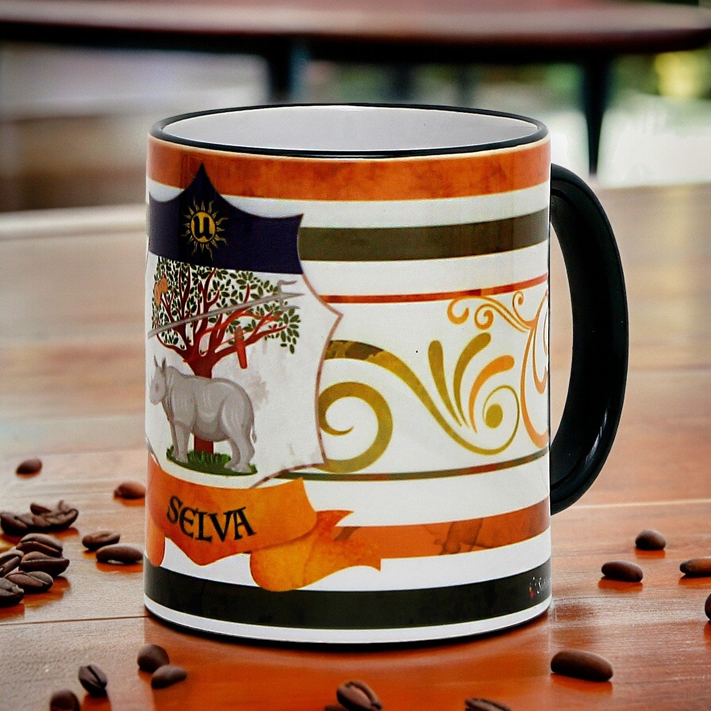 PALIO DI SIENA: Porcelain printed mug - Blue Handle & Rim - Design by Mario Bruno - SELVA (Forest-Rhino)