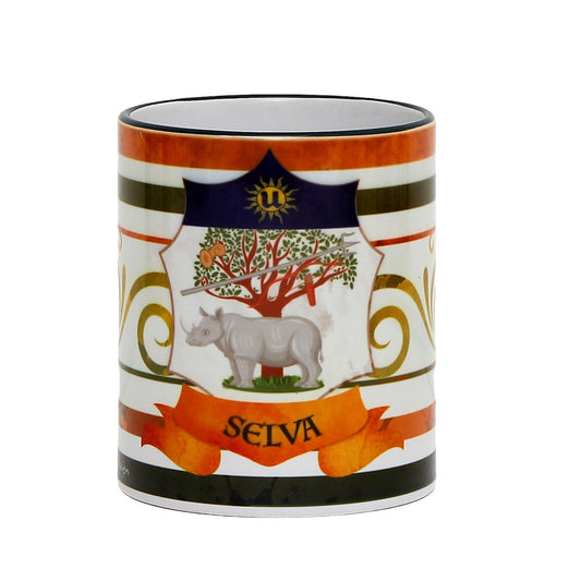 PALIO DI SIENA: Porcelain printed mug - Blue Handle & Rim - Design by Mario Bruno - SELVA (Forest-Rhino)