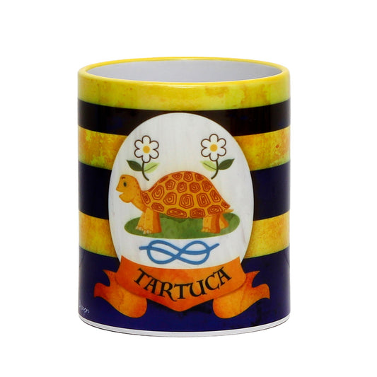 PALIO DI SIENA: Porcelain printed mug - Yellow Handle & Rim - Design by Mario Bruno - TARTUCA (Tortoise)