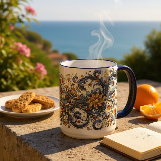 SUBLIMART: Baroque Blue Floral Designs 15 Oz. Porcelain Tall Mug