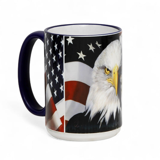 SUBLIMART: Patriotic Bald Eagle & American Flag 15 Oz. Porcelain Tall Mug