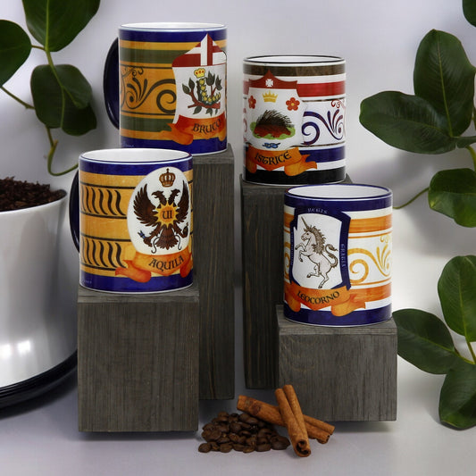 PALIO DI SIENA: Porcelain printed mug Set of 4 bundle: AQUILA+BRUCO+ISTRICE+LEOCORNO