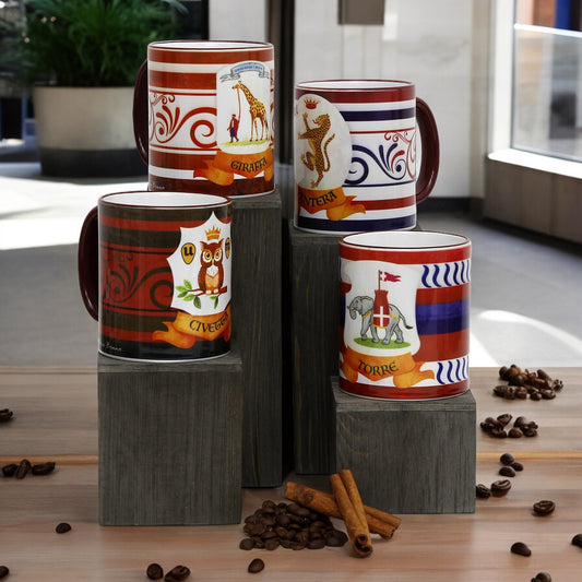 PALIO DI SIENA: Porcelain printed mug Set of 4 bundle: CIVETTA+GIRAFFA+PANTERA+TORRE