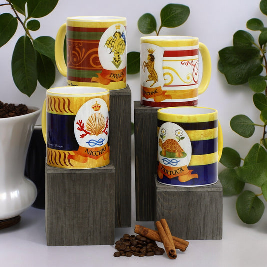 PALIO DI SIENA: Porcelain printed mug Set of 4 bundle: NICCHIO+DRAGO+MONTONE+TARTUCA