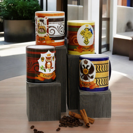 PALIO DI SIENA: Porcelain printed mug Set of 4 bundle: CIVETTA+LUPA+AQUILA+DRAGO