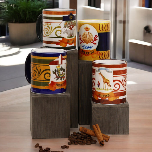 PALIO DI SIENA: Porcelain printed mug Set of 4 bundle: BRUCO+SELVA+NICCHIO+GIRAFFA