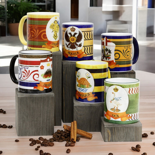 PALIO DI SIENA: Porcelain printed mug Set of 6 bundle: ISTRICE+DRAGO+AQUILA+BRUCO+TARTUCA+OCA