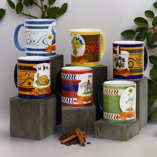 PALIO DI SIENA: Porcelain printed mug Set of 6 bundle: CHIOCCIOLA+ONDA+DRAGO+BRUCO+TORRE+OCA