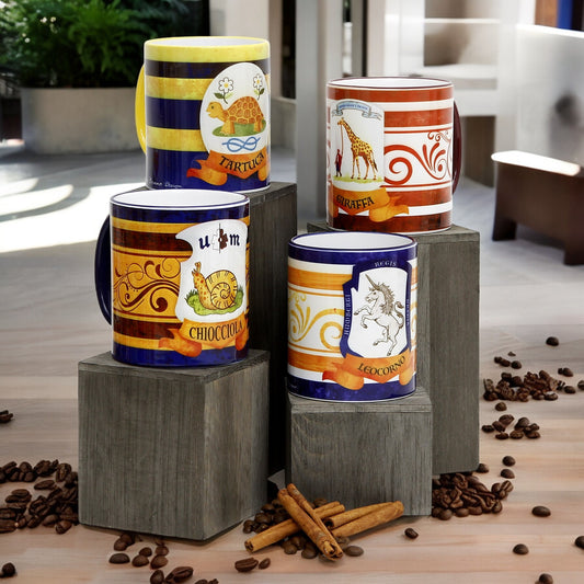 PALIO DI SIENA: Porcelain printed mug Set of 4 bundle: CHIOCCIOLA+TARTUCA+GIRAFFA+LEOCORNO