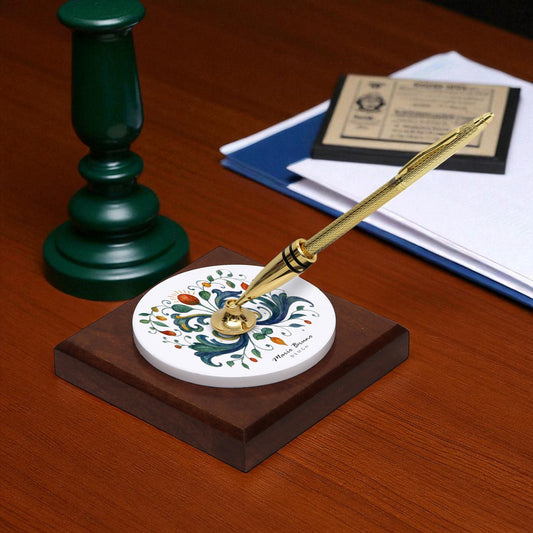 SUBLIMART: Traditional Italian-Inspired Wood/Ceramic Pen Holder with pen (Design 02)