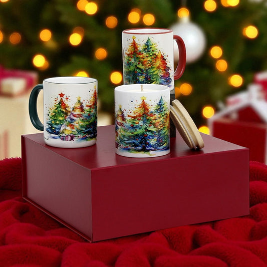 SUBLIMART: Designer Christmas Ceramic Deluxe Boxed Bundle - 2 Mugs (Red+Green) + 1 Candle