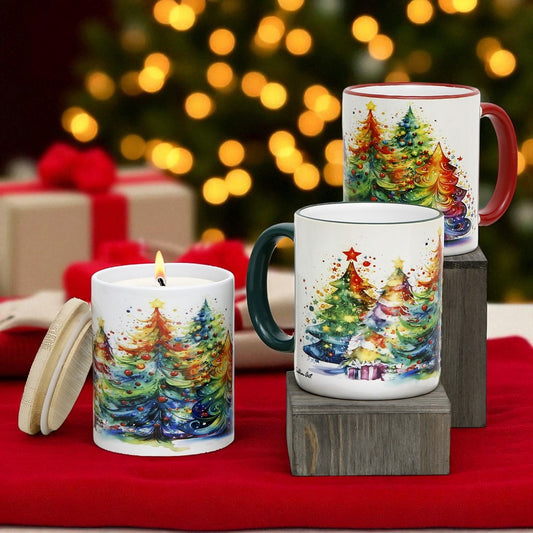 SUBLIMART: Designer Christmas Ceramic Deluxe Bundle - 2 Mugs (Red+Green) + 1 Candle