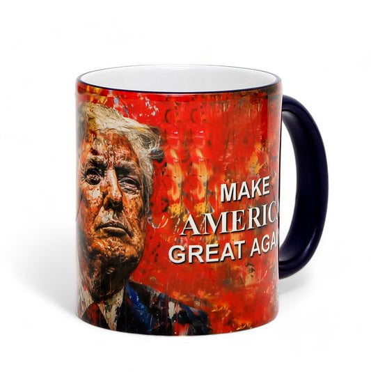 Luxury President Trump portrait mug with "MAKE AMERICA GREAT AGAIN" slogan - Choose from White, Blue, or Red Handle+Rim (11 Oz)