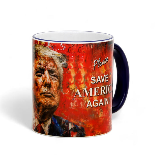 Luxury President Trump portrait mug with "PLEASE SAVE AMERICA AGAIN" slogan - Choose from White, Blue, or Red Handle+Rim (11 Oz)