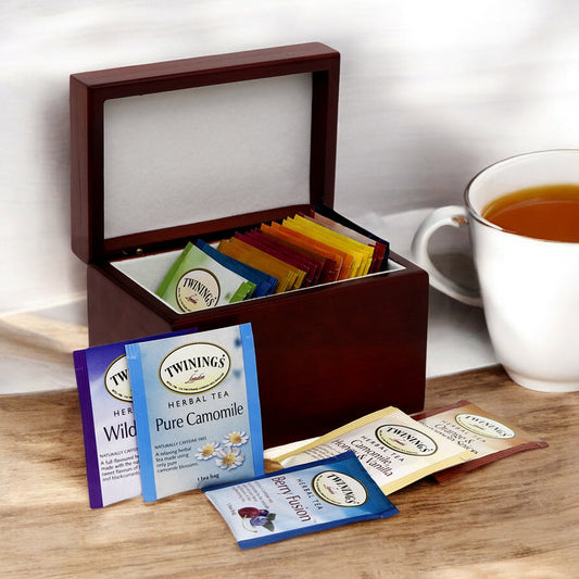 RICCO ITALIA DERUTA: WOOD BOX Lined Tea Bags Wood Box with printed tile lid - Ricco Italia Deruta Design