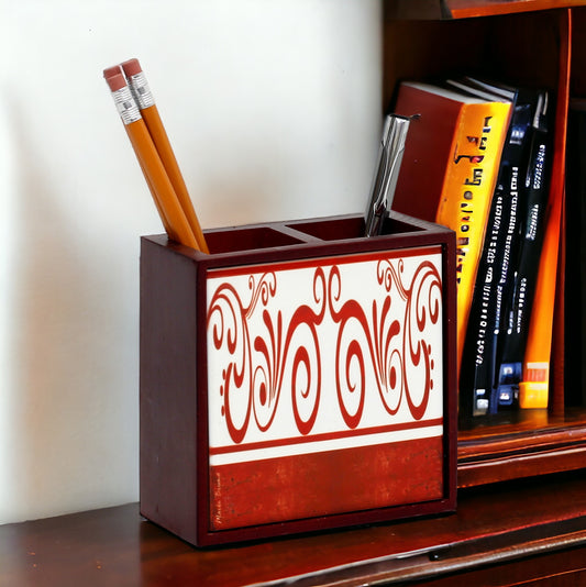 WOOD PENCIL HOLDER: Rosewood high quality pencil holder with decorative tile - Design Mario Bruno Design 03
