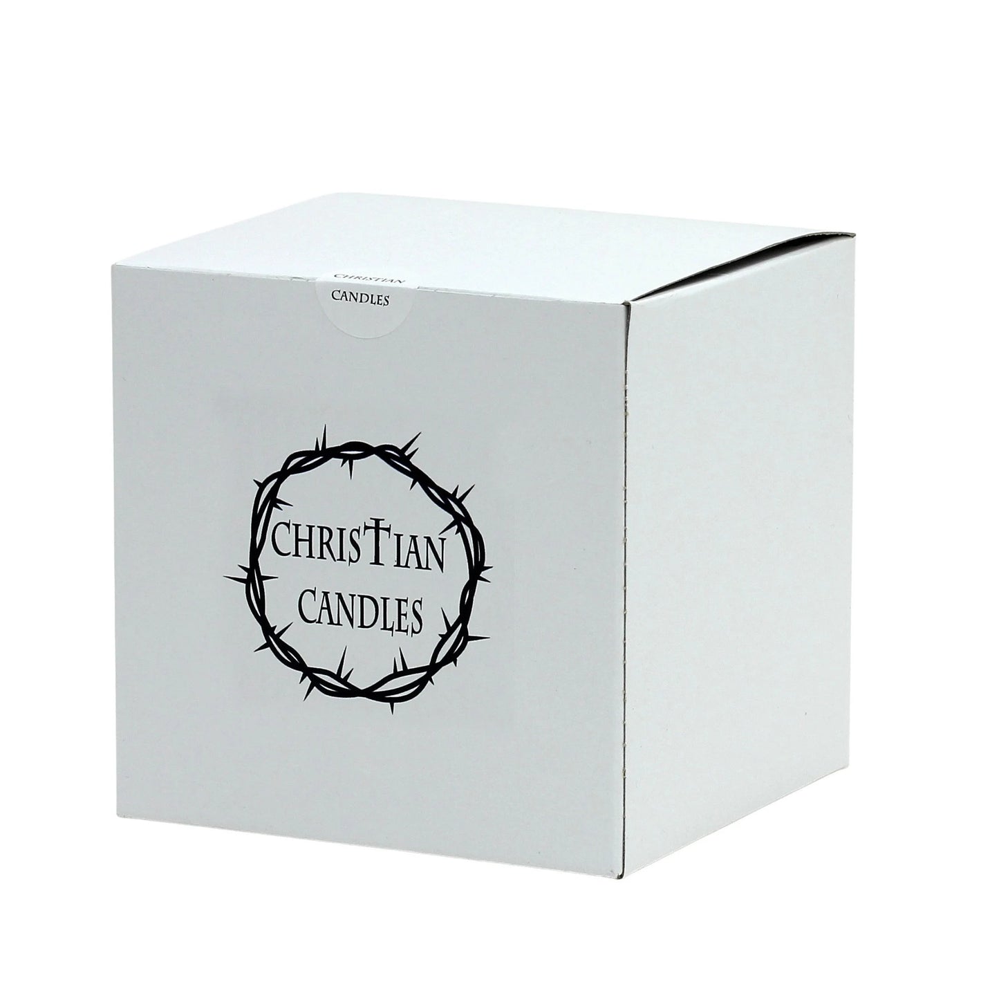 CHRISTIAN CANDLE: Square Frosted Glass Soy Candle with Antique Gold or Silver Cross Ornament – 18 oz Religious Gift