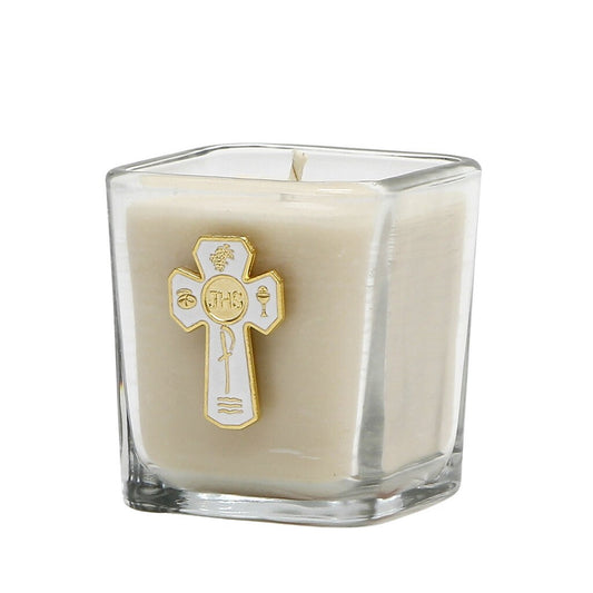 CHRISTIAN CANDLE: First Communion Catholic Candle – JHS Crucifix Glass
