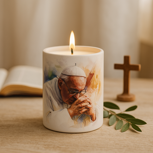 Pope Francis Prayer Candle – Porcelain Tumbler with Soy Wax & Healing Blessing