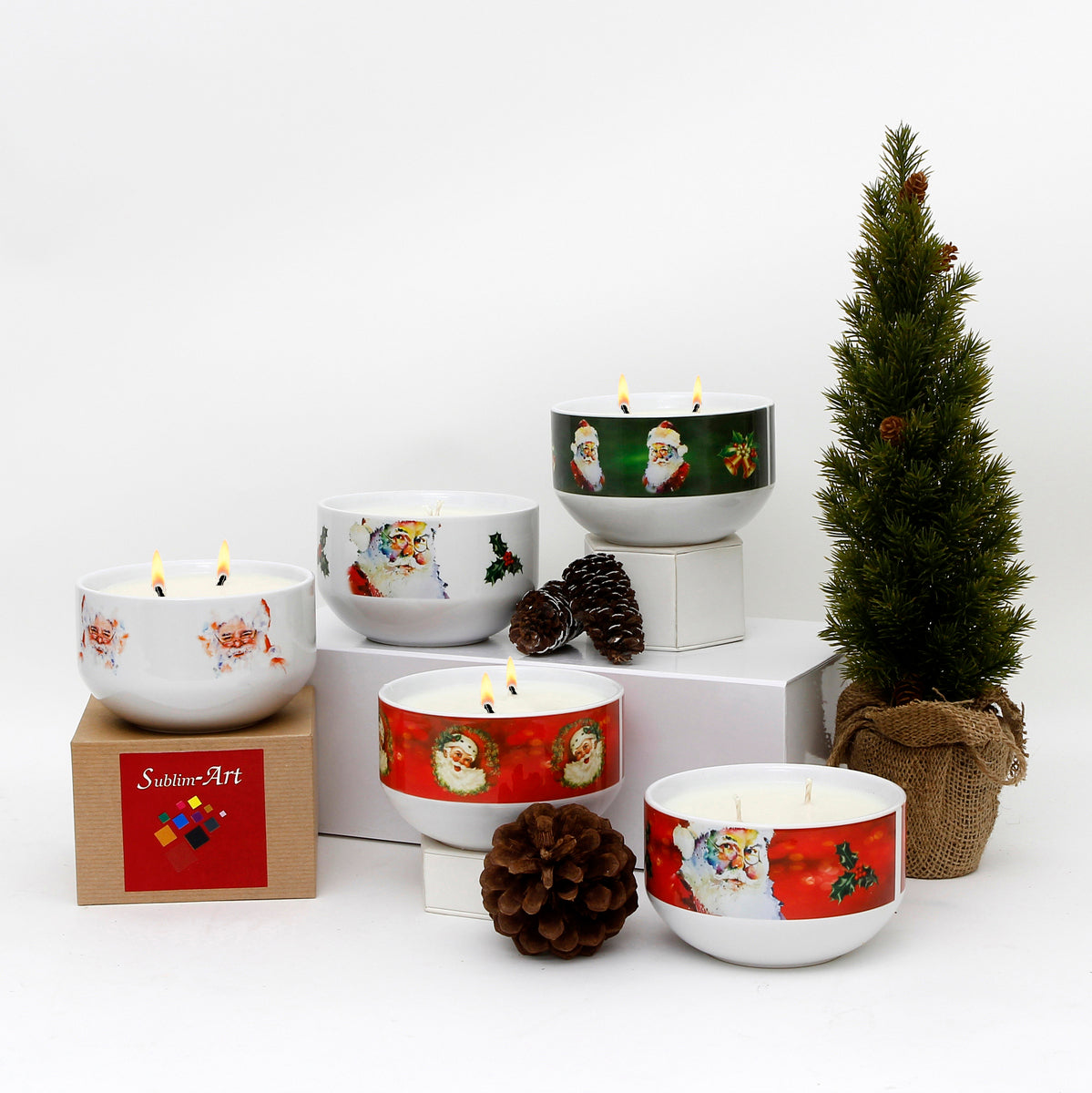 SUBLIMART: Three Wicks Soy Wax Candle in a Porcelain Bowl - Santa Claus (Design #XMS02)