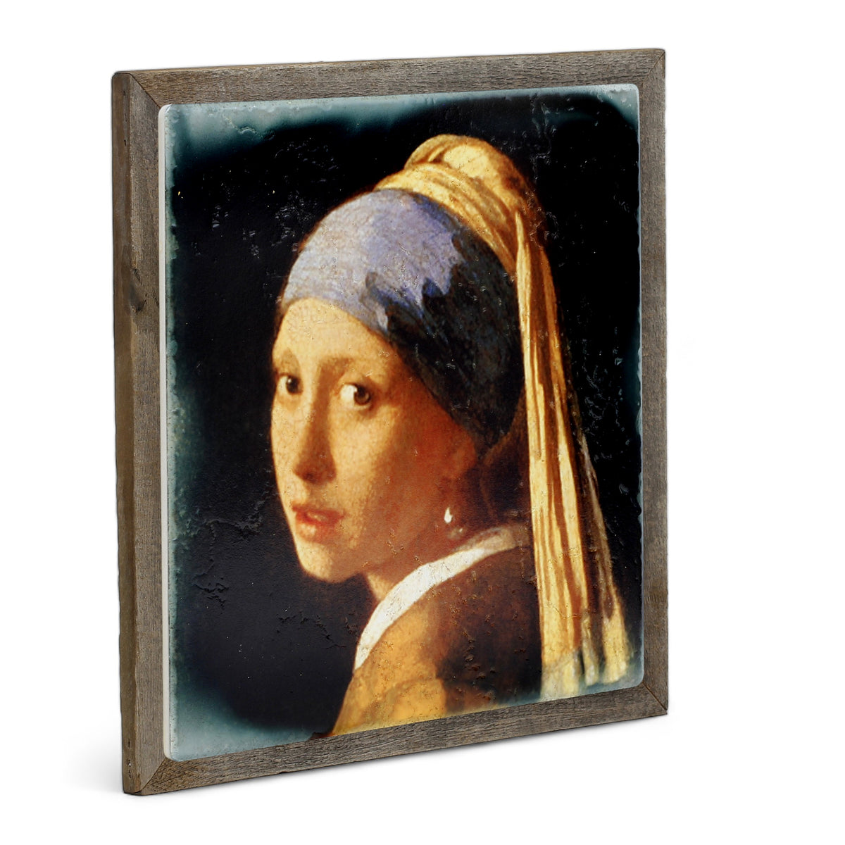 AFFRESCO: Ceramic Tuscan Tile on Distressed Reclaimed Barn Wood Frame - Opera "Girl with a Pearl Earring" by Johannes Vermeer